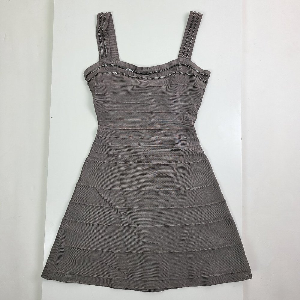 HERVE LEGER Gray Chain Trim Bandage Mini Dress